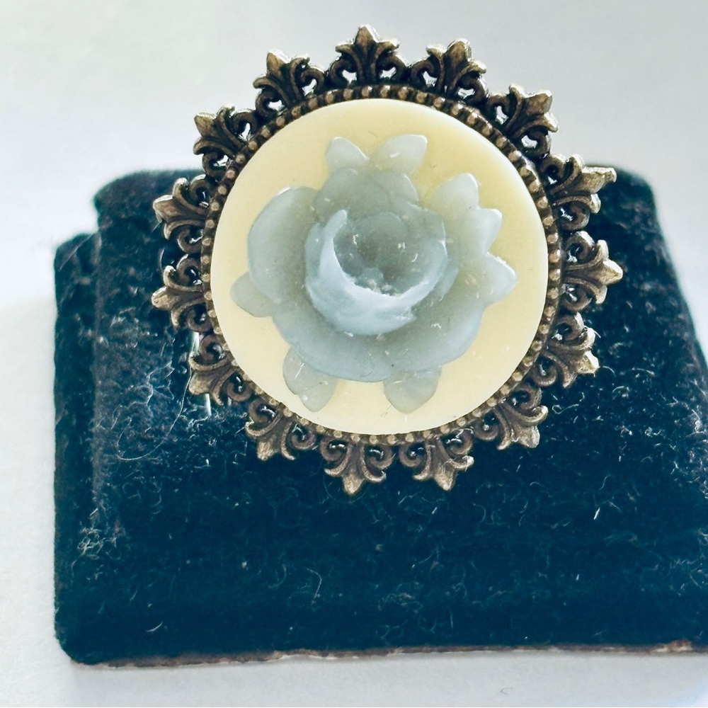 Cream and Grey Rose Cameo Handmade Adjustable Ring